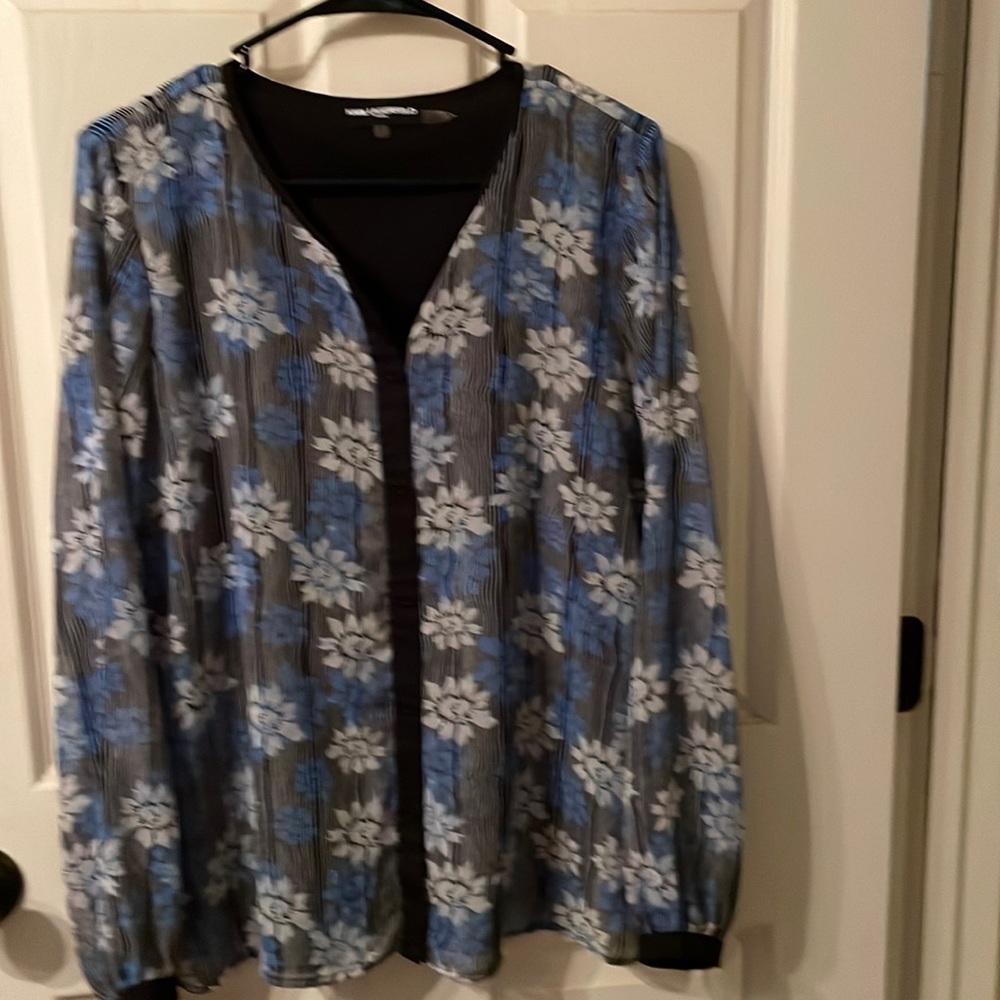 Karl Lagerfeld Paris blouse. Color: Blue/Black/White. Size: Medium.